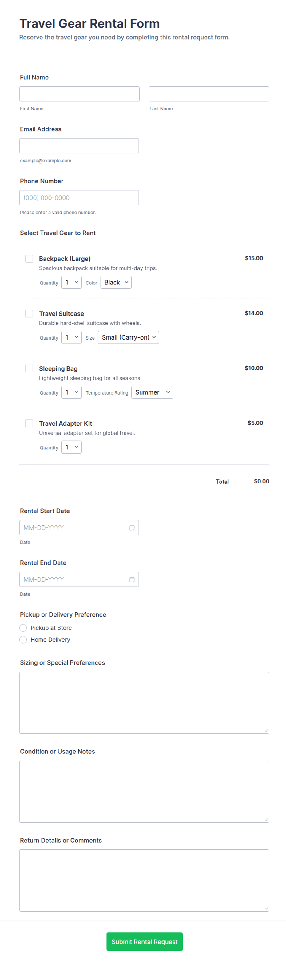 Excel For Rent Collection Travel Gear Rental Form Template | Jotform