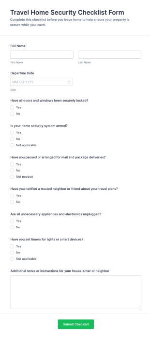 Travel Home Security Checklist Form Template