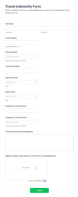 Travel Indemnity Form Template