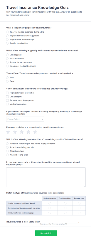 Travel Insurance Knowledge Quiz Form Template
