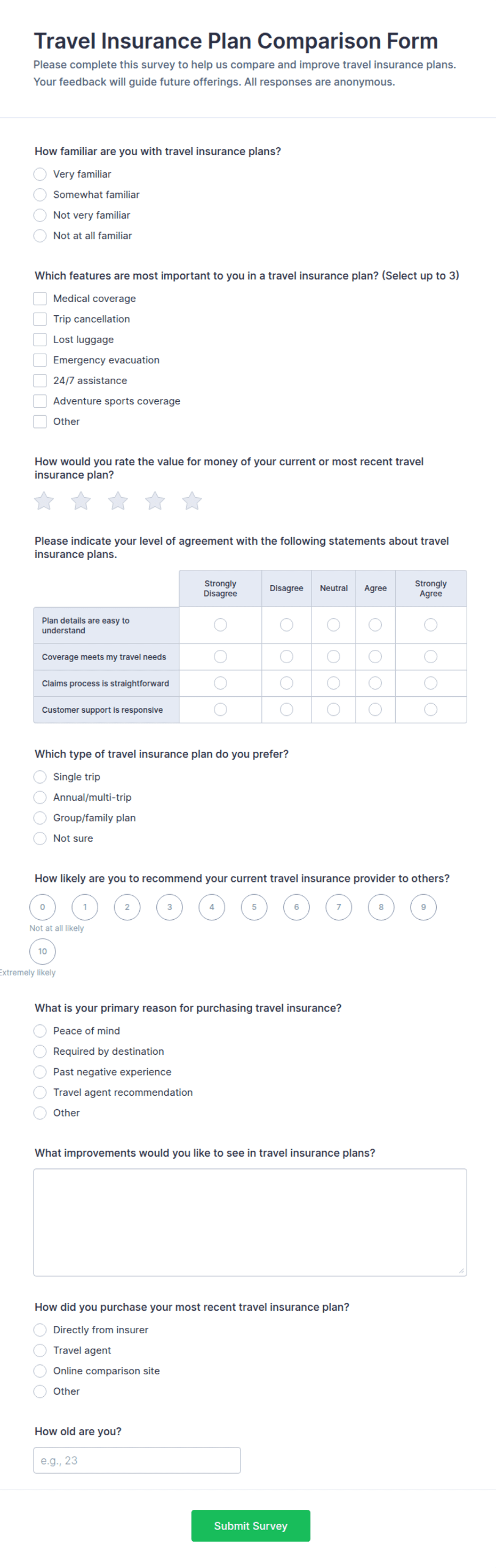 Travel Insurance Plan Comparison Survey Form Template | Jotform