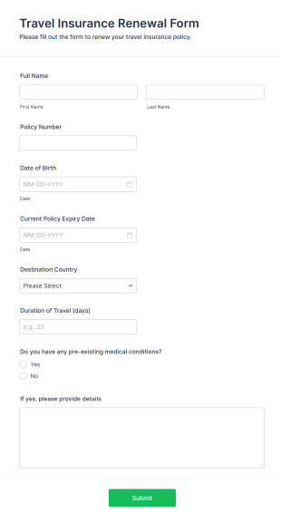 Travel Insurance Renewal Form Form Template