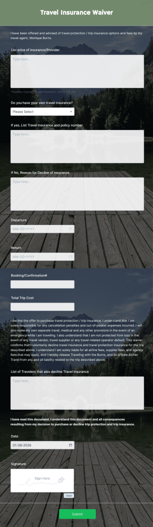 Travel Insurance Waiver Form Template