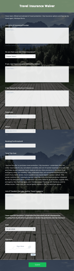 Travel Insurance Waiver Form Template