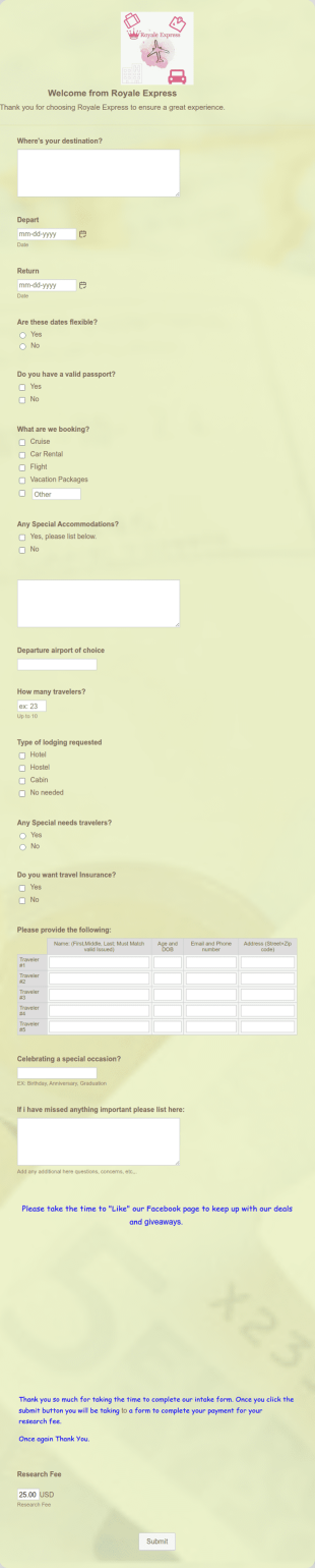 Travel Agent Intake Form Template
