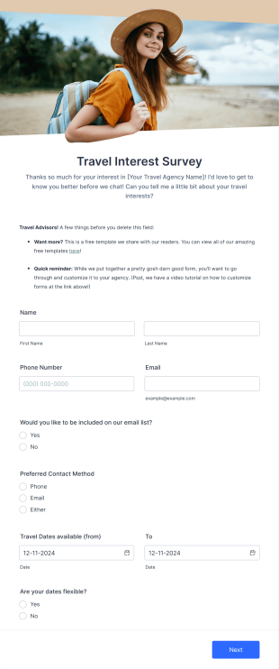 Travel Interest Survey Form Template