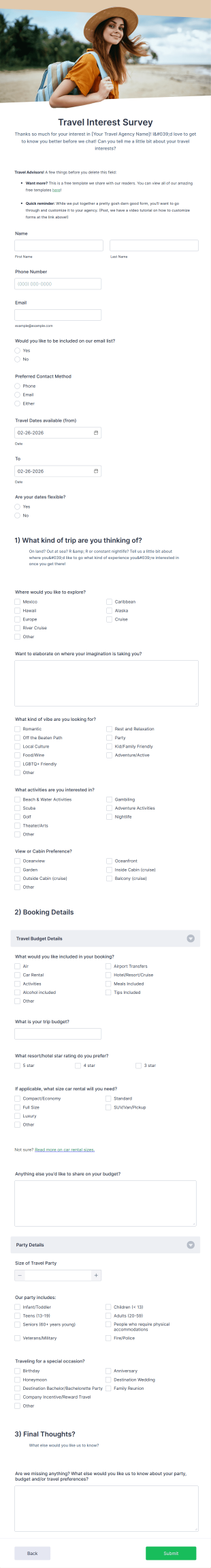 Travel Interest Survey Form Template