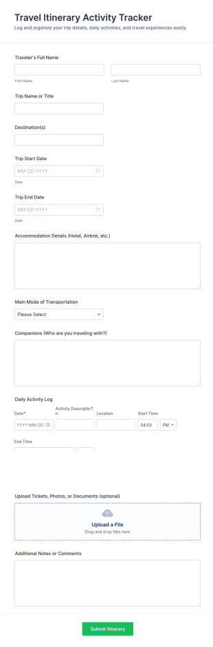 Travel Itinerary Activity Tracker Form Template