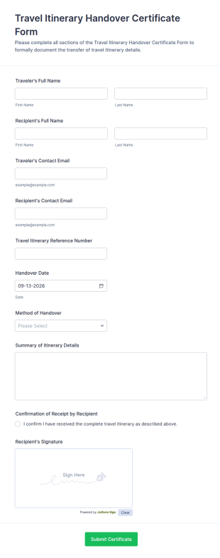 Travel Itinerary Handover Certificate Form Template
