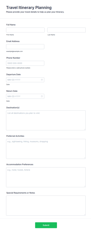 Travel Itinerary Planning Form Template