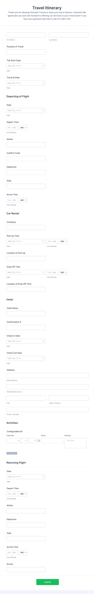Travel Itinerary Template Form Template