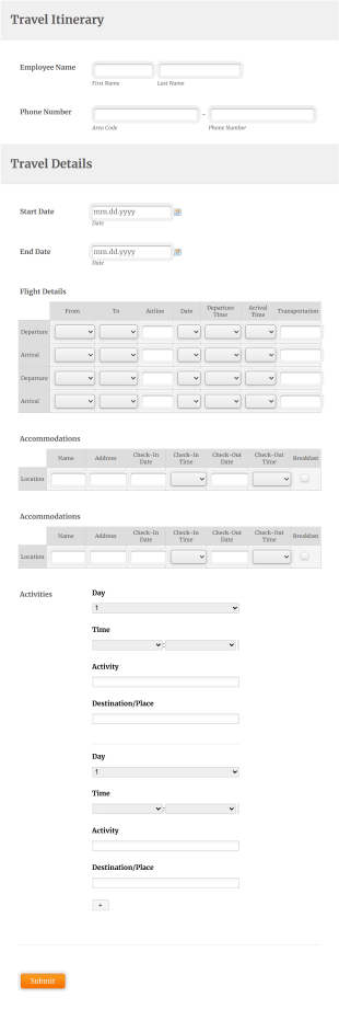 Travel Itinerary Form Template