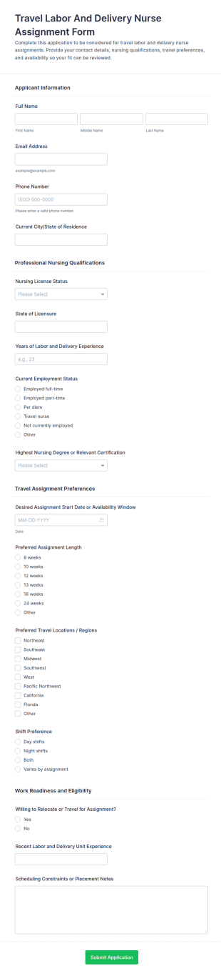 Travel Labor And Delivery Nurse Assignment Application Form Template