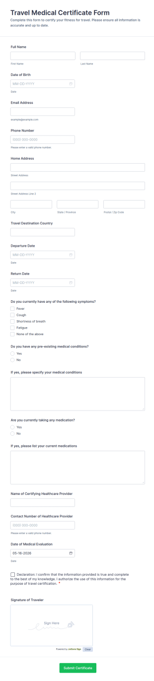 Travel Medical Certificate Form Template