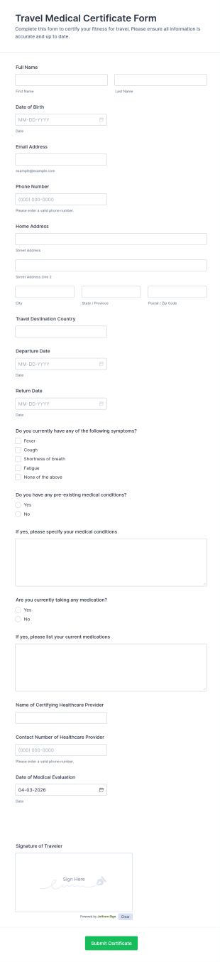 Travel Medical Certificate Form Template