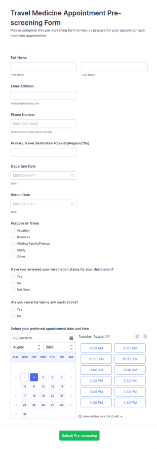 Travel Medicine Appointment Pre Screening Form Template