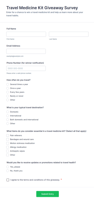 Travel Medicine Kit Giveaway Survey Form Template