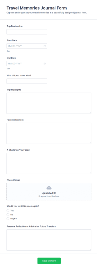 Travel Memories Journal Form Template