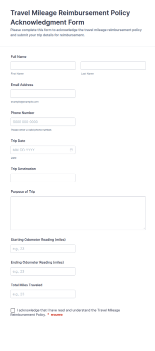 Travel Mileage Reimbursement Policy Acknowledgment Form Template