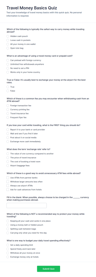 Travel Money Basics Quiz Form Template