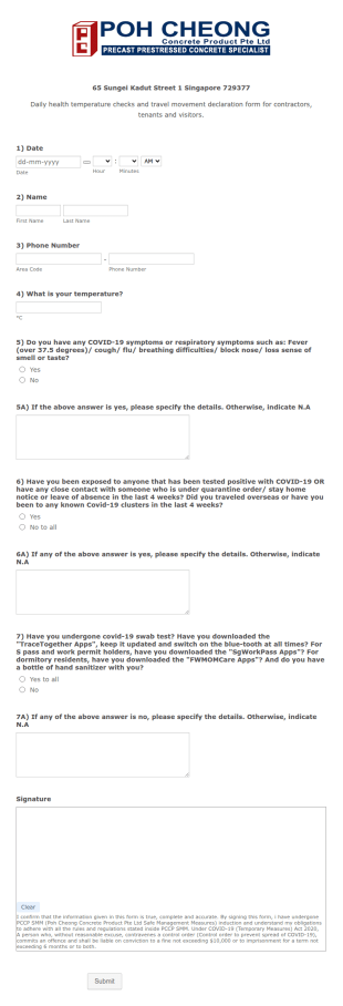 Travel Movement Declaration Form Template