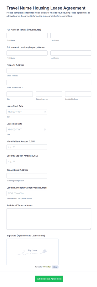 Travel Nurse Housing Lease Agreement Form Template
