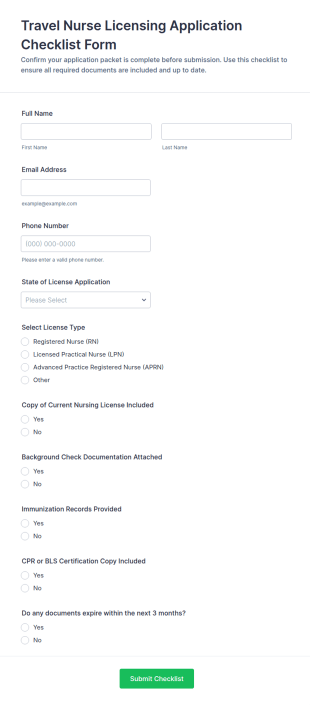 Travel Nurse Licensing Application Checklist Form Template