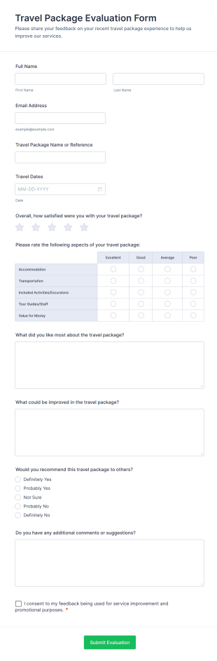 Travel Package Evaluation Form Template
