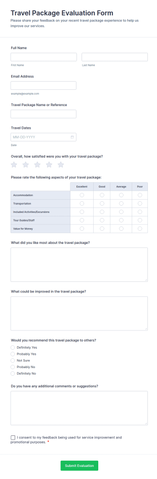 Travel Package Evaluation Form Template