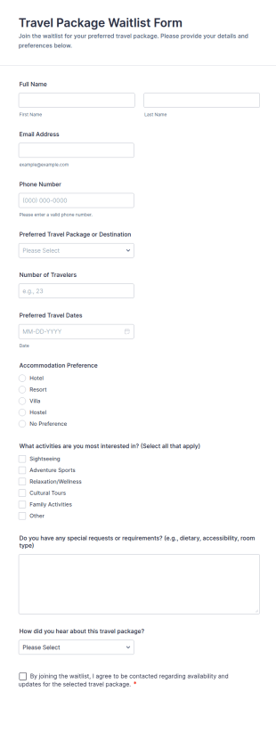 Travel Package Waitlist Form Template