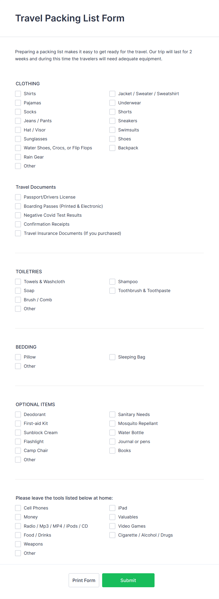 Travel Packing List Form Template | Jotform