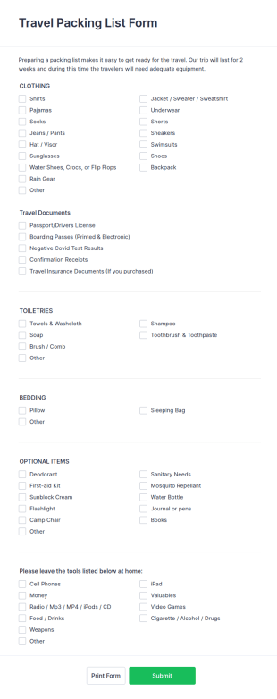Travel Packing List Form Template