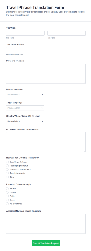 Travel Phrase Translation Form Template