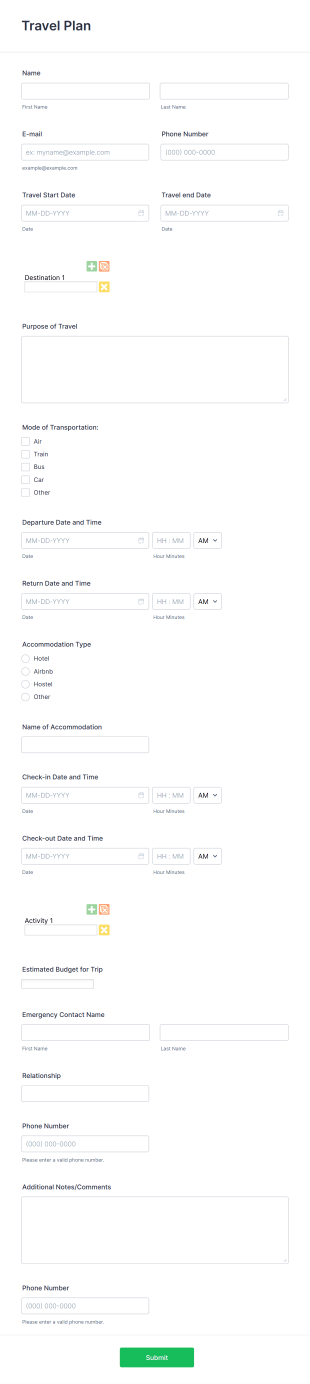 Travel Plan Form Template