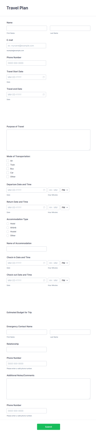 Travel Plan Form Template