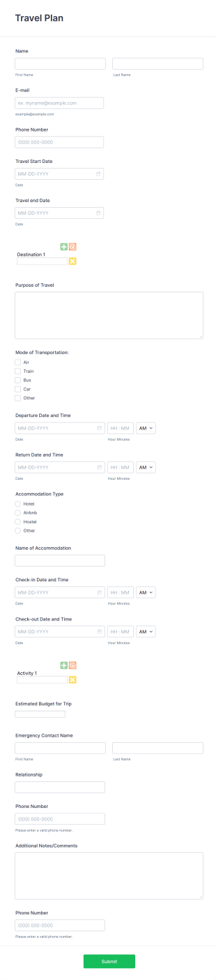 Travel Plan Form Template