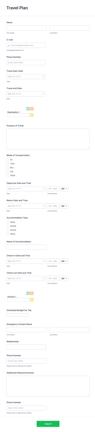 Travel Plan Form Template