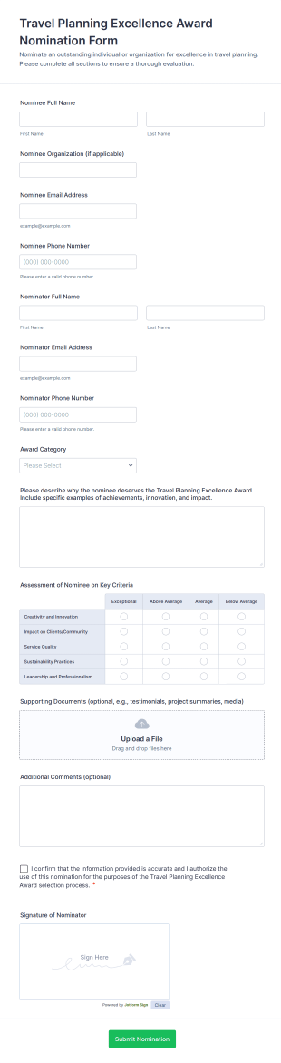 Travel Planning Excellence Award Nomination Form Template