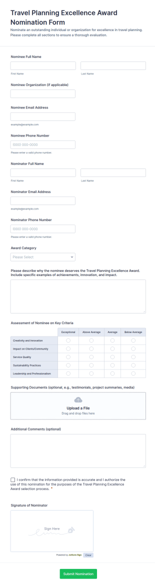 Travel Planning Excellence Award Nomination Form Template