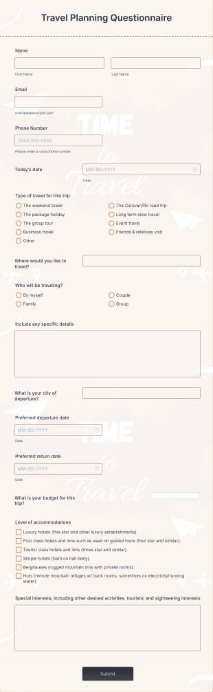 Travel Planning Questionnaire Form Template