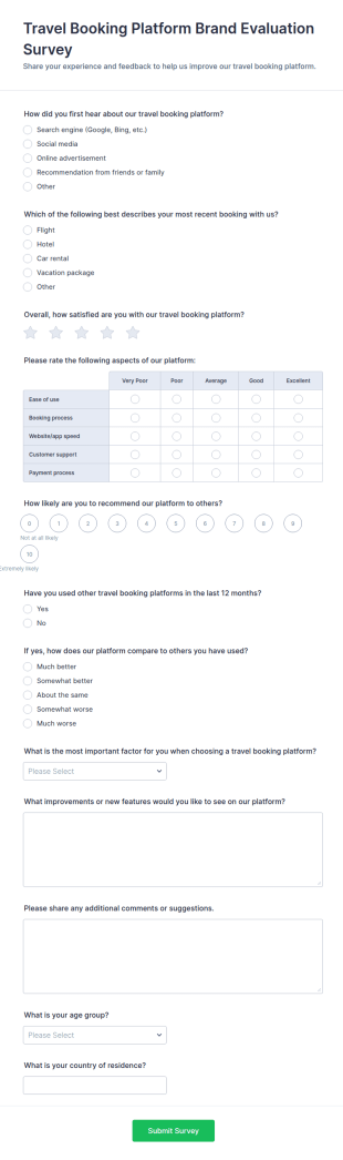 Travel Platform Brand Evaluation Survey Form Template