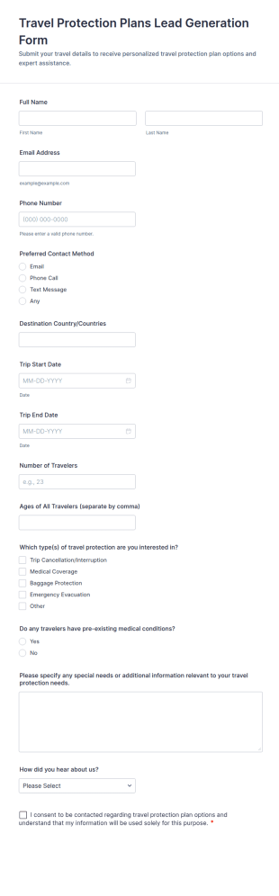 Travel Protection Plans Lead Generation Form Template