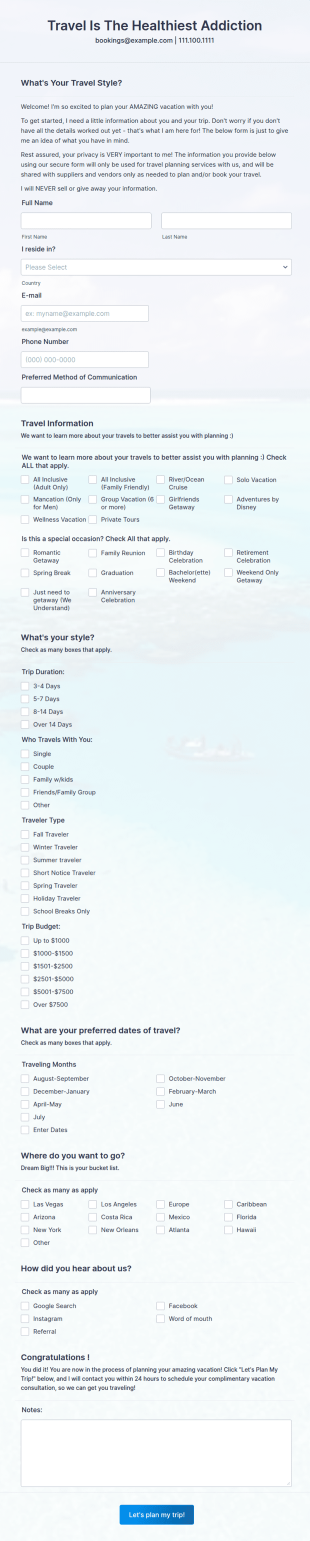 Travel Questionnaire Form Template