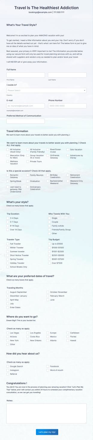Travel Questionnaire Form Template