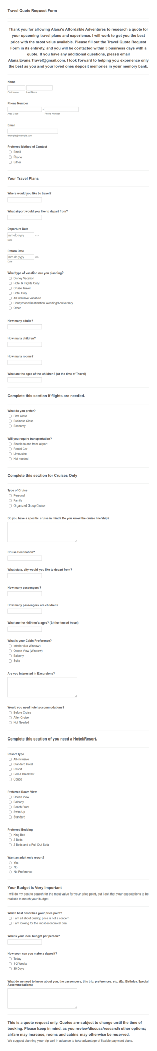 Travel Quote Link Tree Form Template