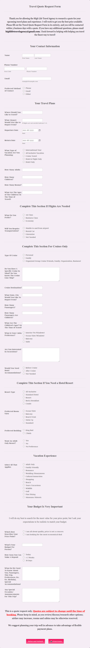 Travel Quote Request Form Template