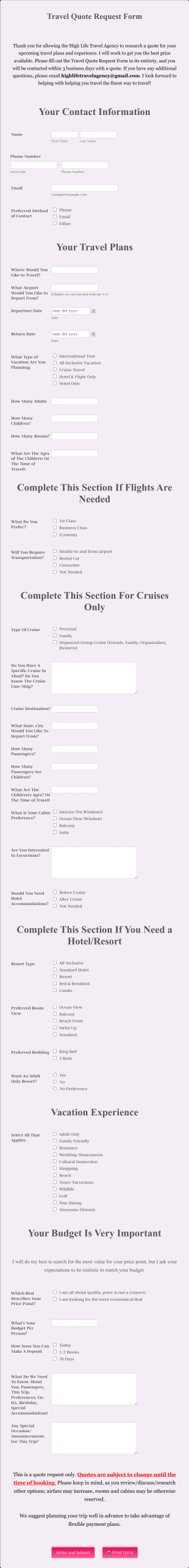 Travel Quote Request Form Template
