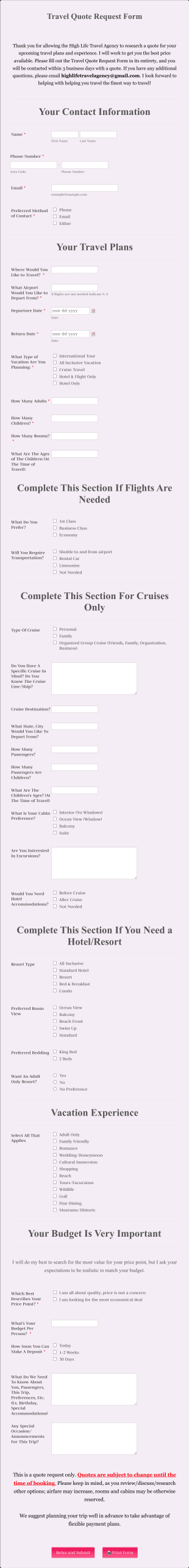 Travel Quote Request Form Template