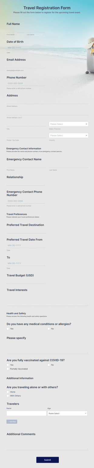 Travel Registration Form Template
