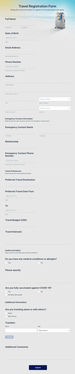 Travel Registration Form Template